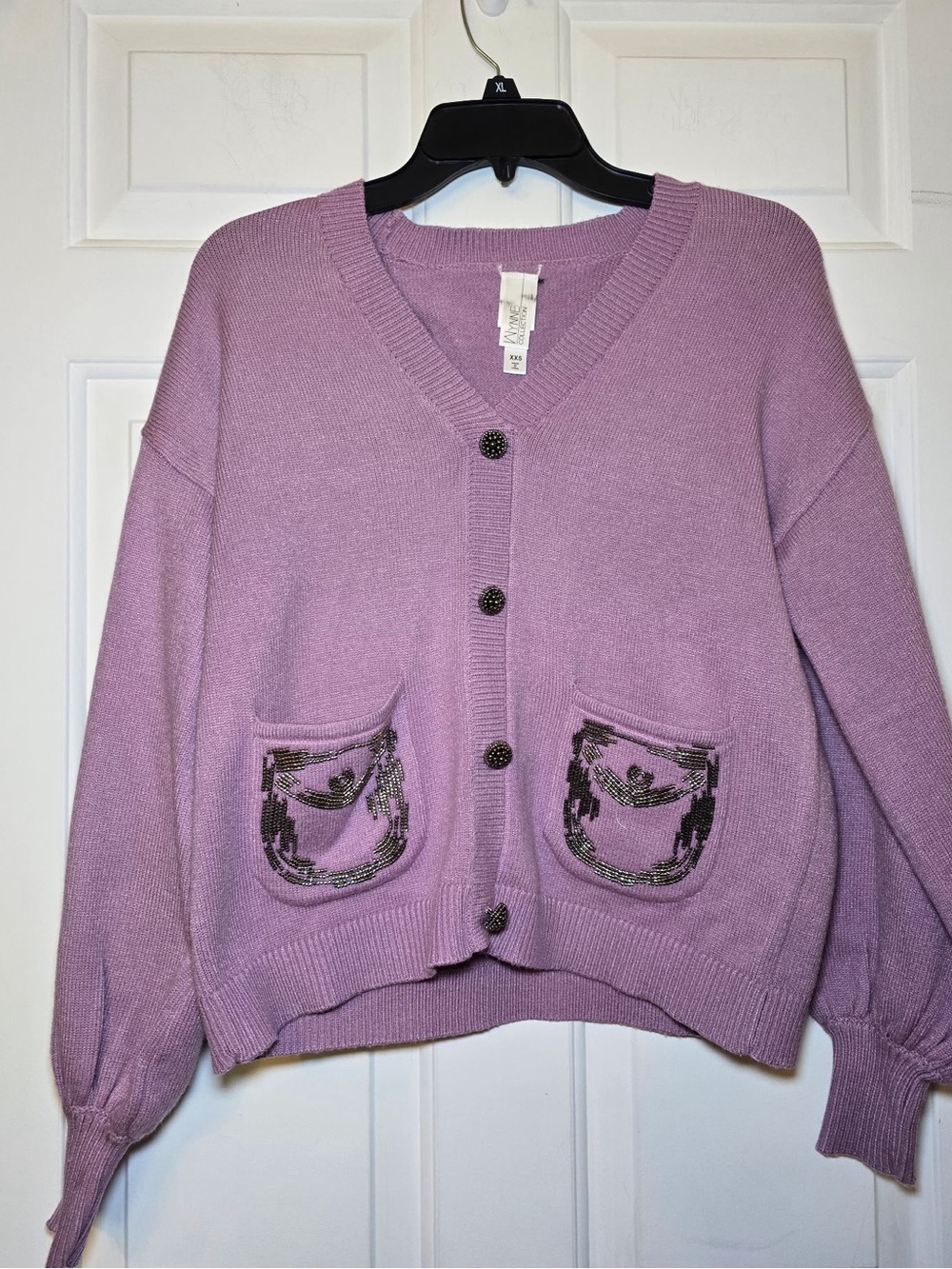Wynne Collection Lavendar Knit V-Neck Sweater Beaded Pockets XXS Oversized Soft